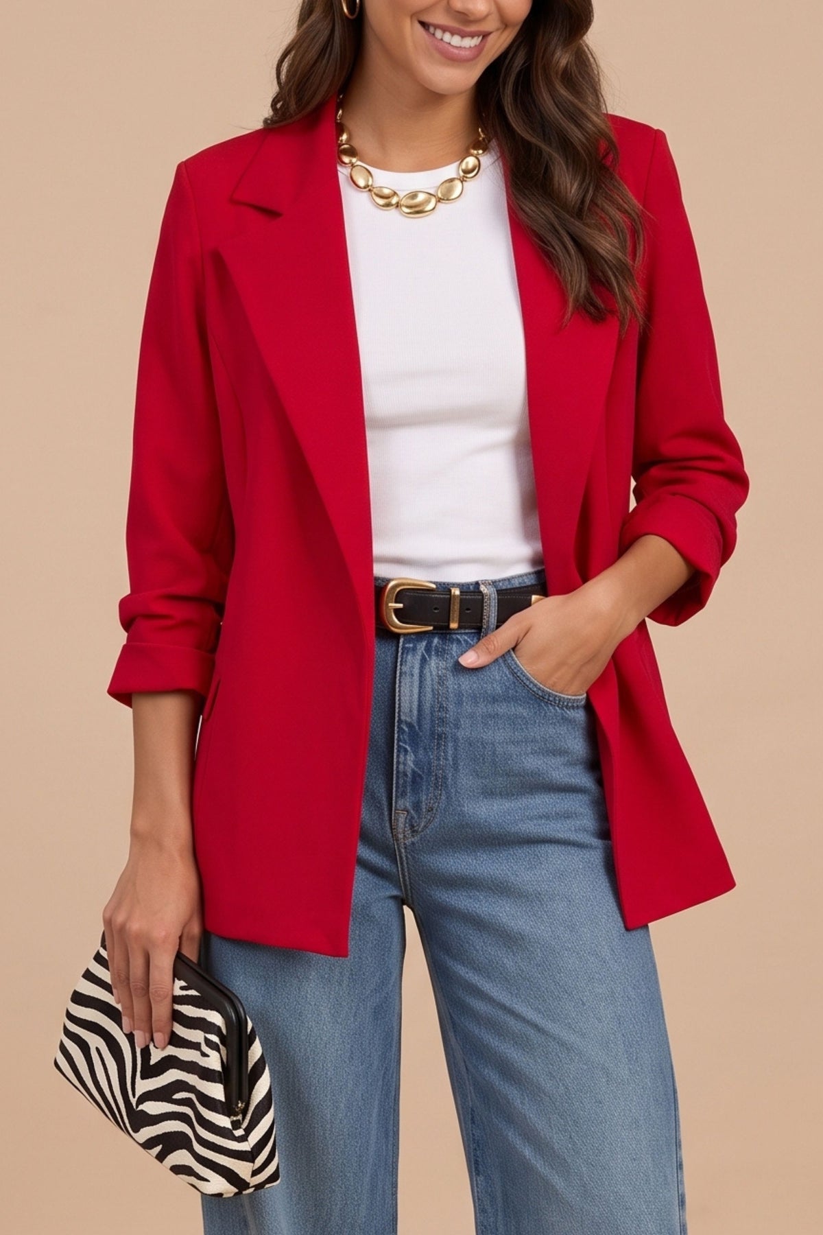 Sofia Red Ruched Sleeve Relaxed Blazer