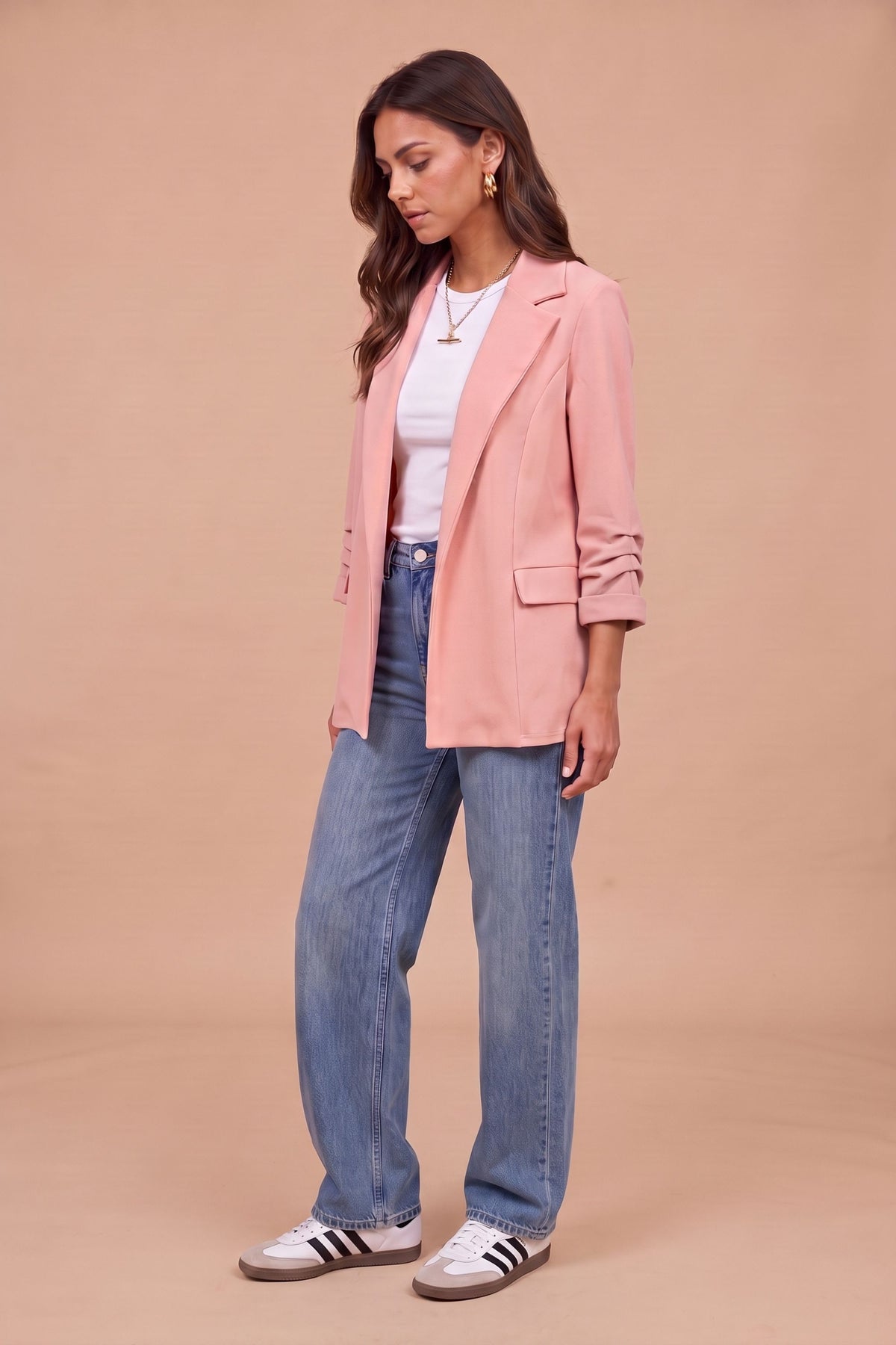 Sofia Nude Ruched Sleeve Relaxed Blazer