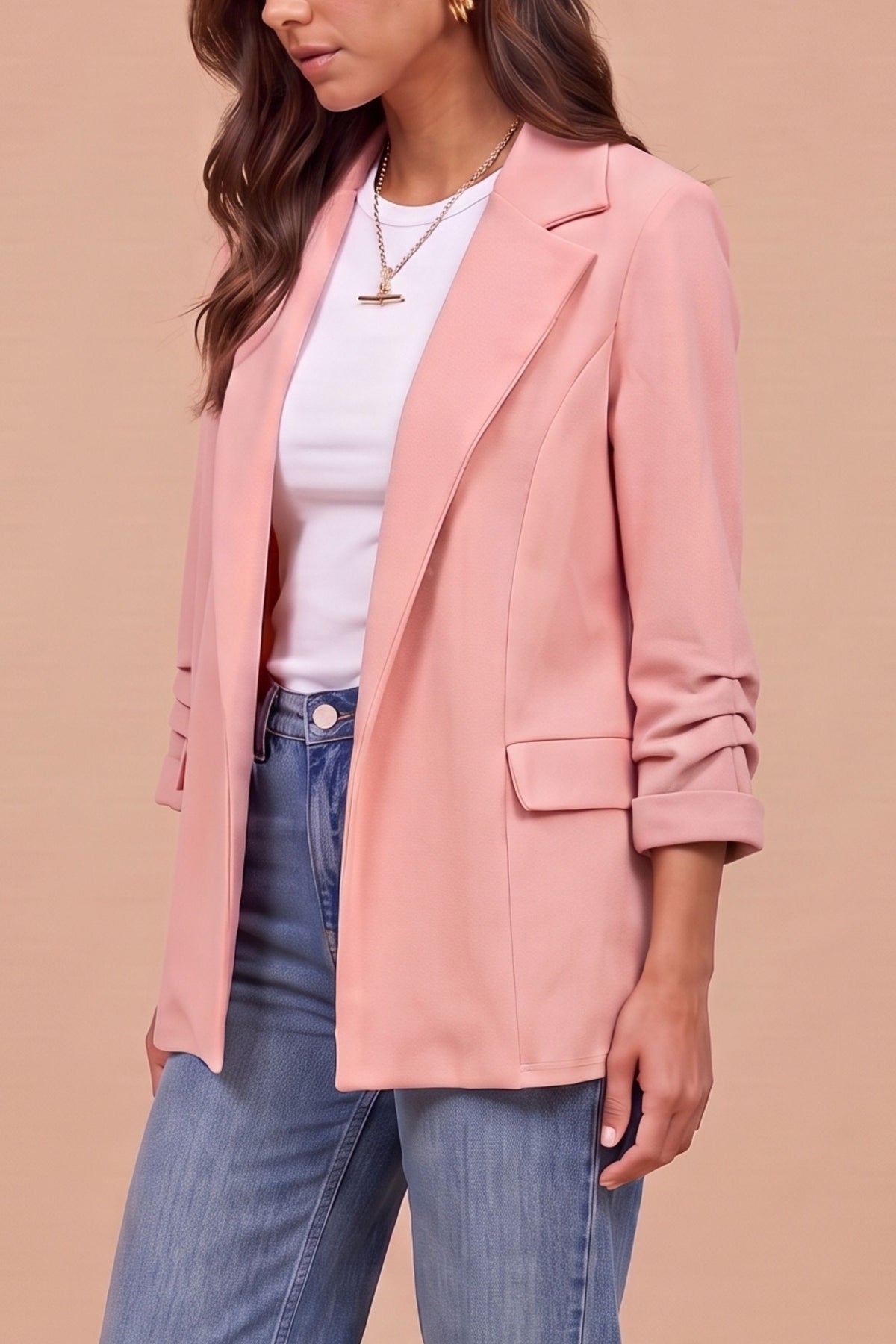 Sofia Nude Ruched Sleeve Relaxed Blazer