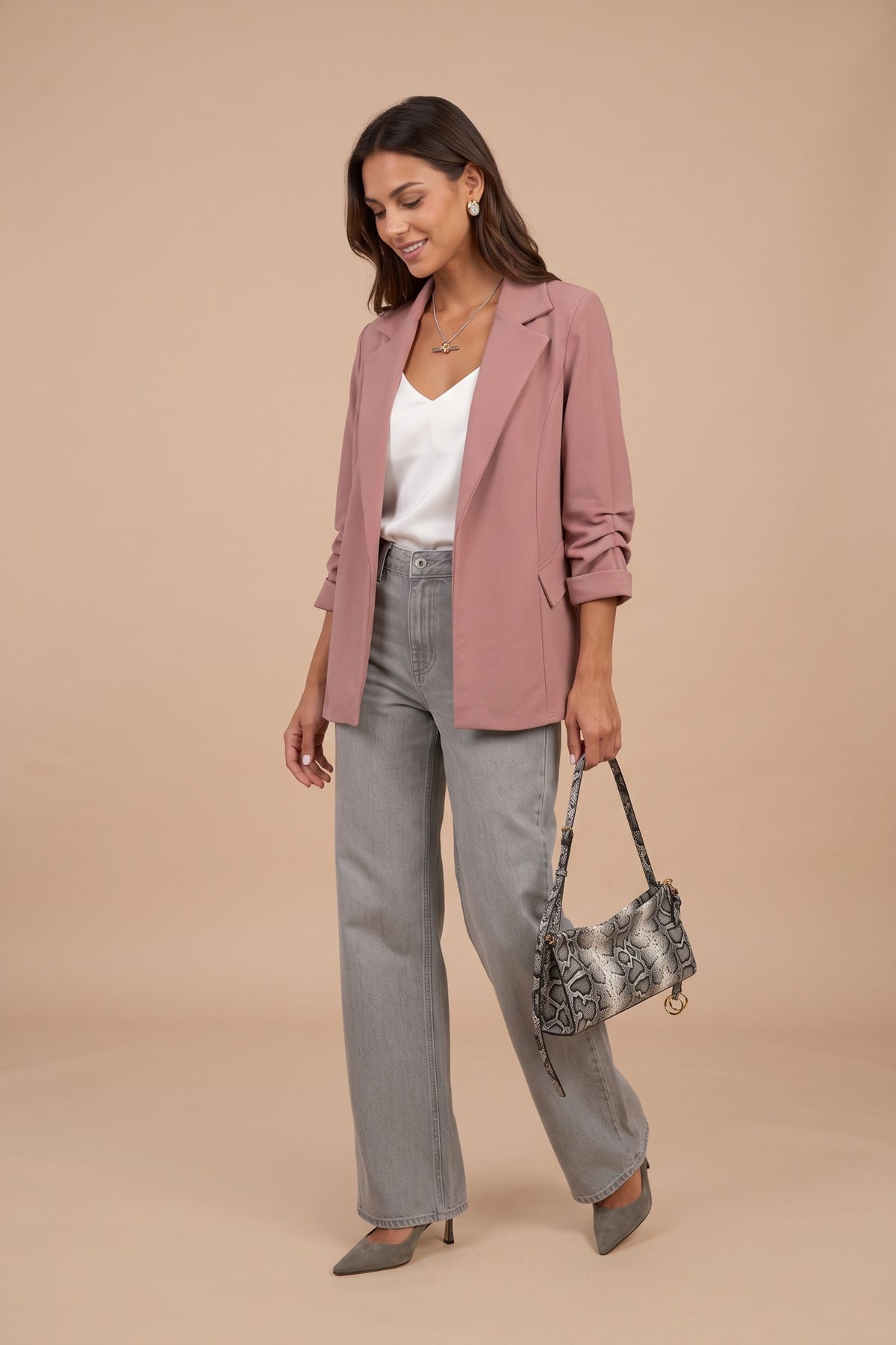 Sofia Blush Pink Ruched Sleeve Relaxed Blazer