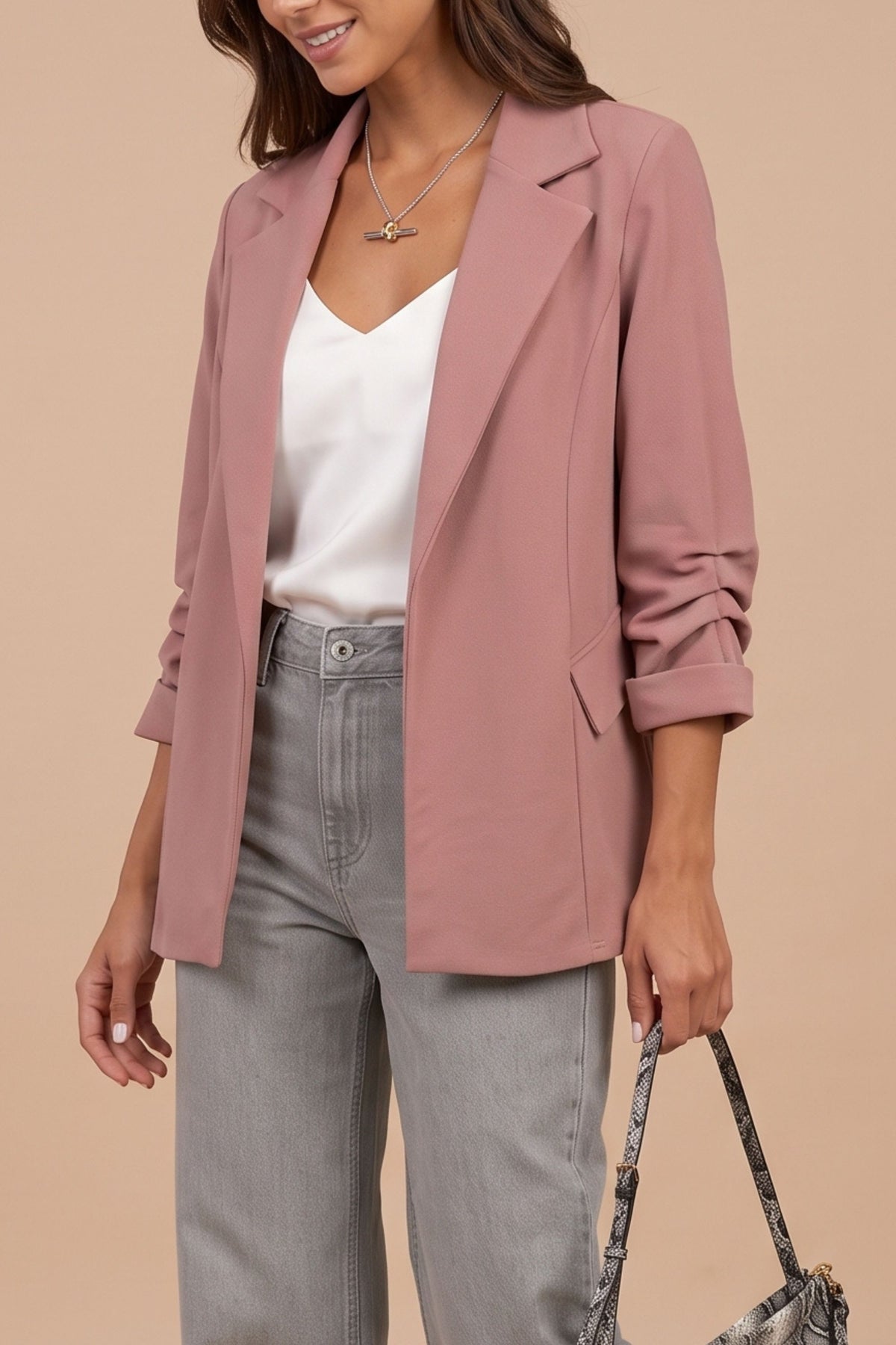 Sofia Blush Pink Ruched Sleeve Relaxed Blazer