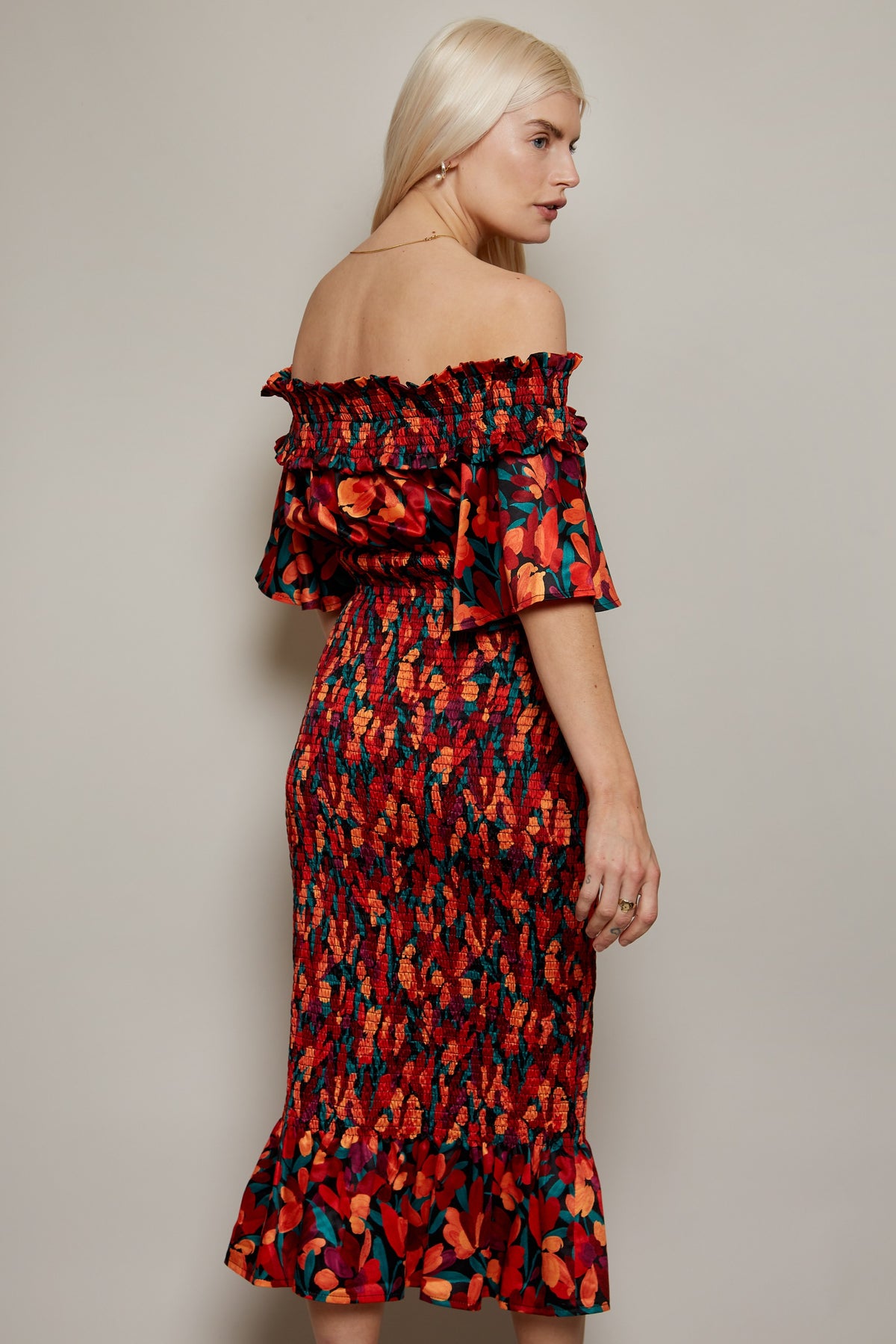Floral Shirred Bodycon Bardot Dress