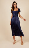 Jackson Navy Gold Foil Satin Pleated Belted Midaxi Dress