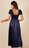 Jackson Navy Gold Foil Satin Pleated Belted Midaxi Dress