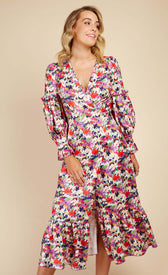 Floral Satin Wrap Dress with Peplum HemDressesWrap DressLittle Mistress