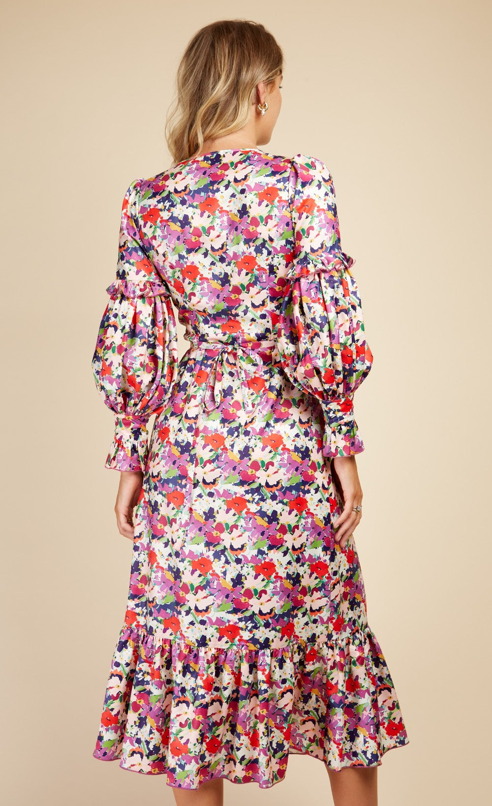 Floral Satin Wrap Dress with Peplum Hem
