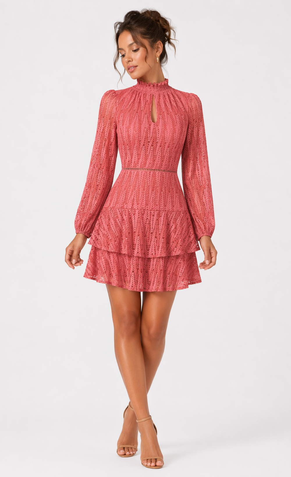Coral lace high neck mini dress featuring long sleeves and a tiered skirt, perfect for a chic daytime look. Ref. D19194B1A.