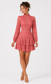 Coral lace high neck mini dress featuring long sleeves and a tiered skirt, perfect for a chic daytime look. Ref. D19194B1A.