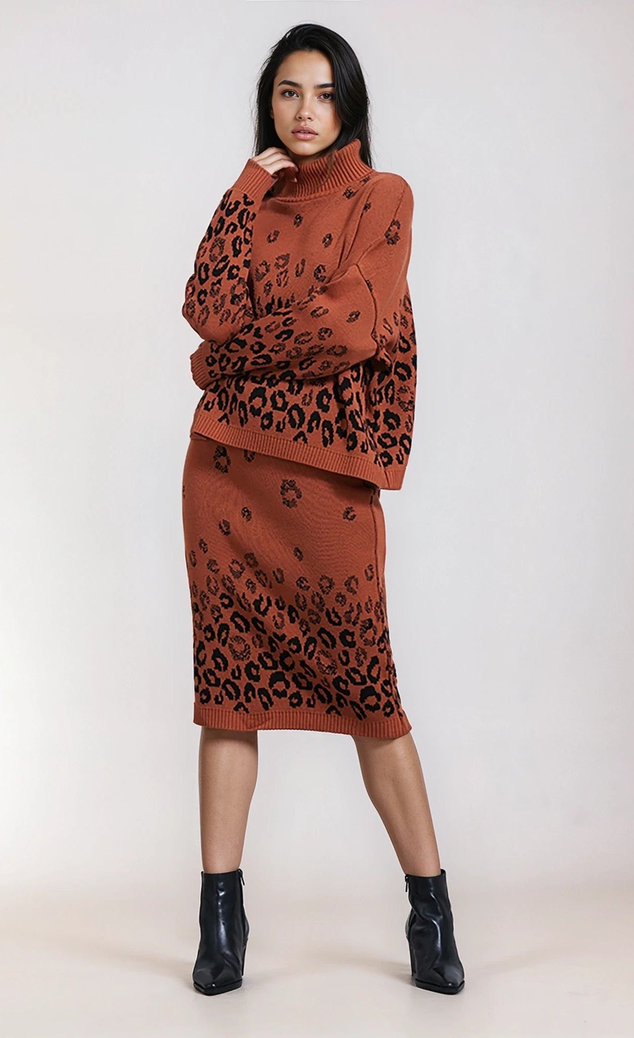 Knitted Leopard Midi Skirt And Jumper Co-Ord Set