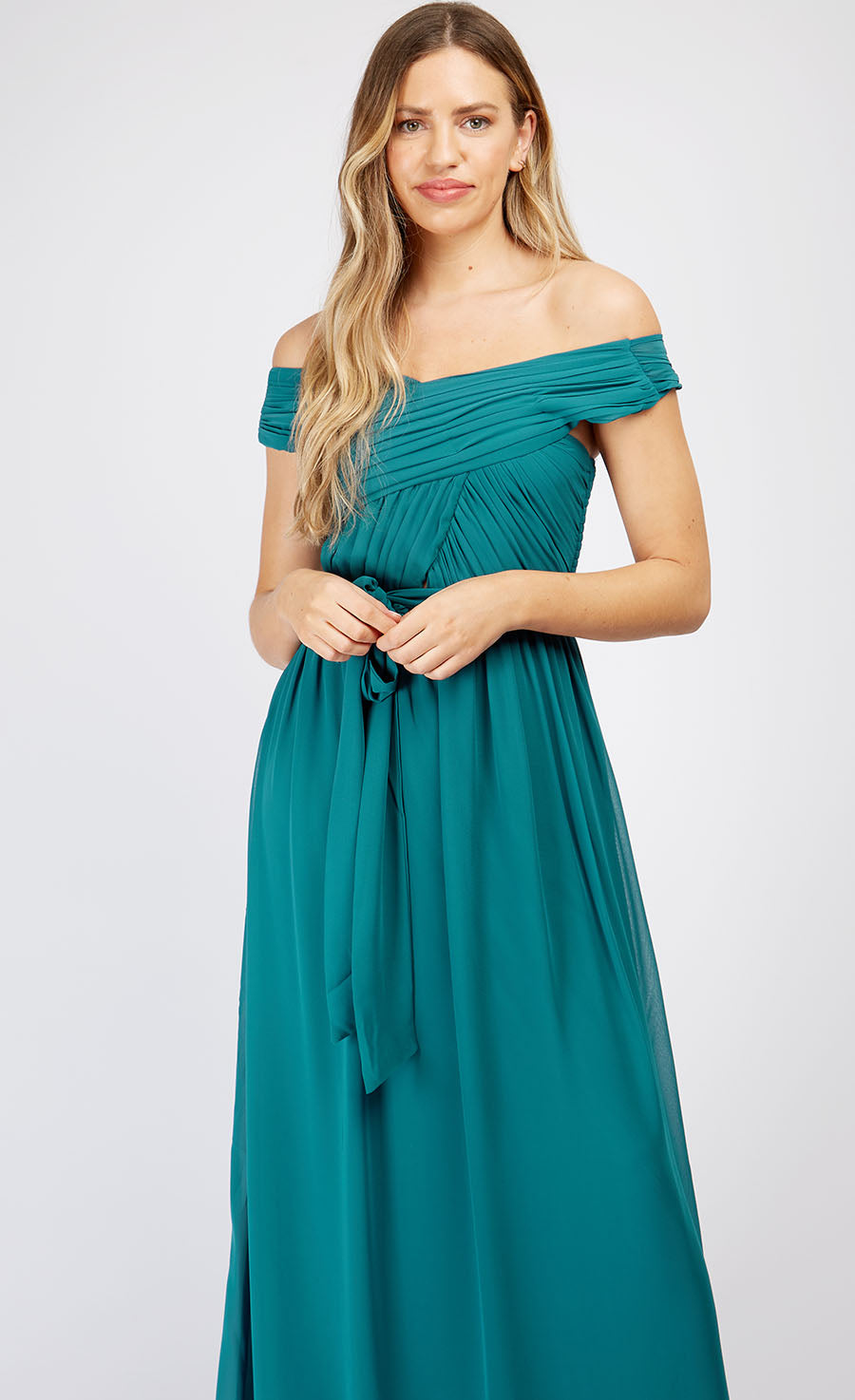 Green Crossover Bardot Maxi Dress Little Mistress