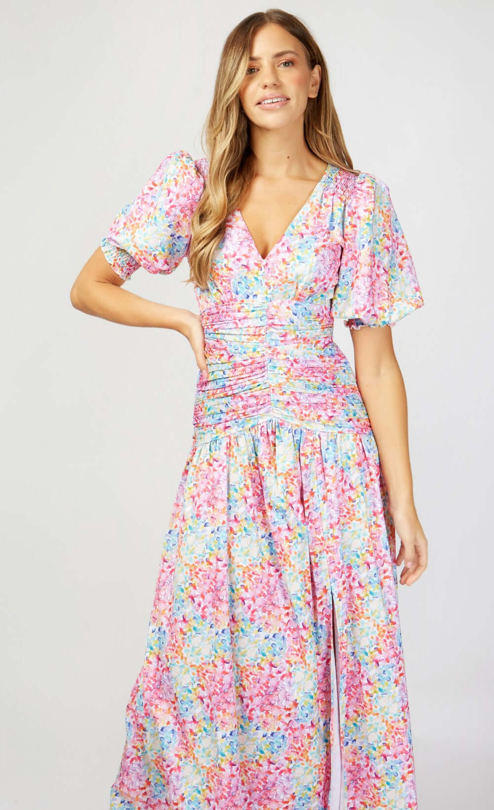 Hastings Multi Spot Print Gathered Puff Sleeve Maxi Dress showcasing vibrant colors and flattering silhouette.