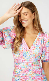 Hastings Multi Spot Print Gathered Puff Sleeve Maxi DressDressesGathered DressLittle Mistress