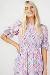 Check Print Shirred Midi Dress