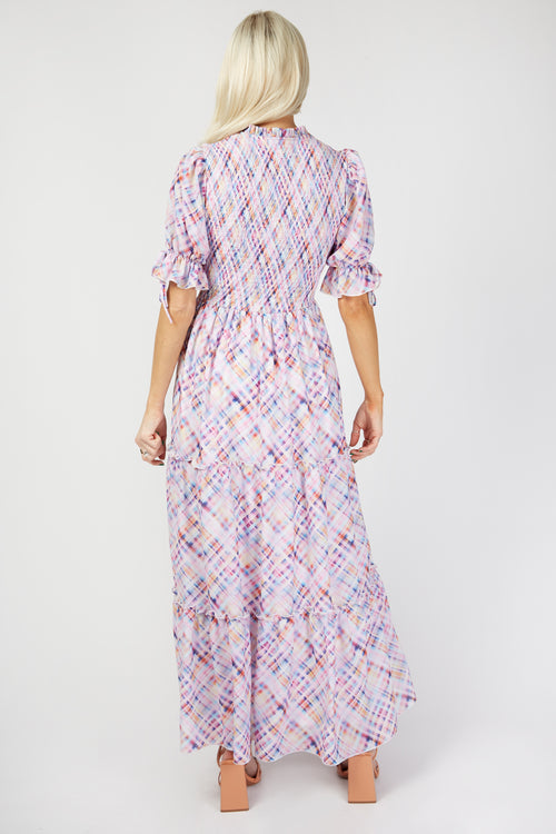 Check Print Shirred Midi Dress
