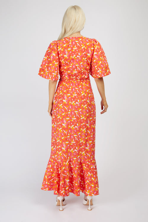 Floral Print Frill Hem Midi Wrap Dress
