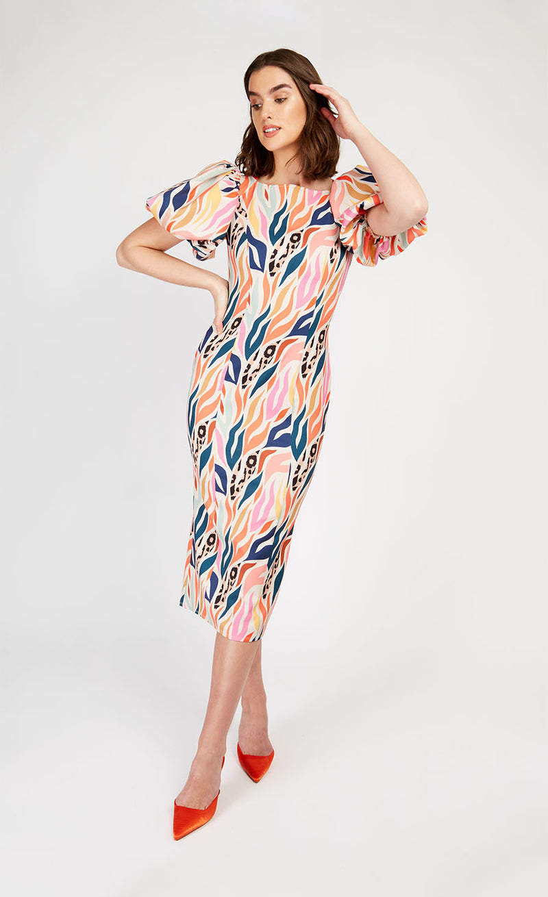 Animal Print Puff Sleeve Midi Dress by Vogue Williams