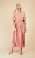 Coral Pink Check And Pleated Hem Midaxi Dress
