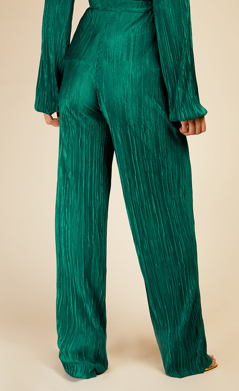 Bottle Green Plisse Trousers by Vogue Williams