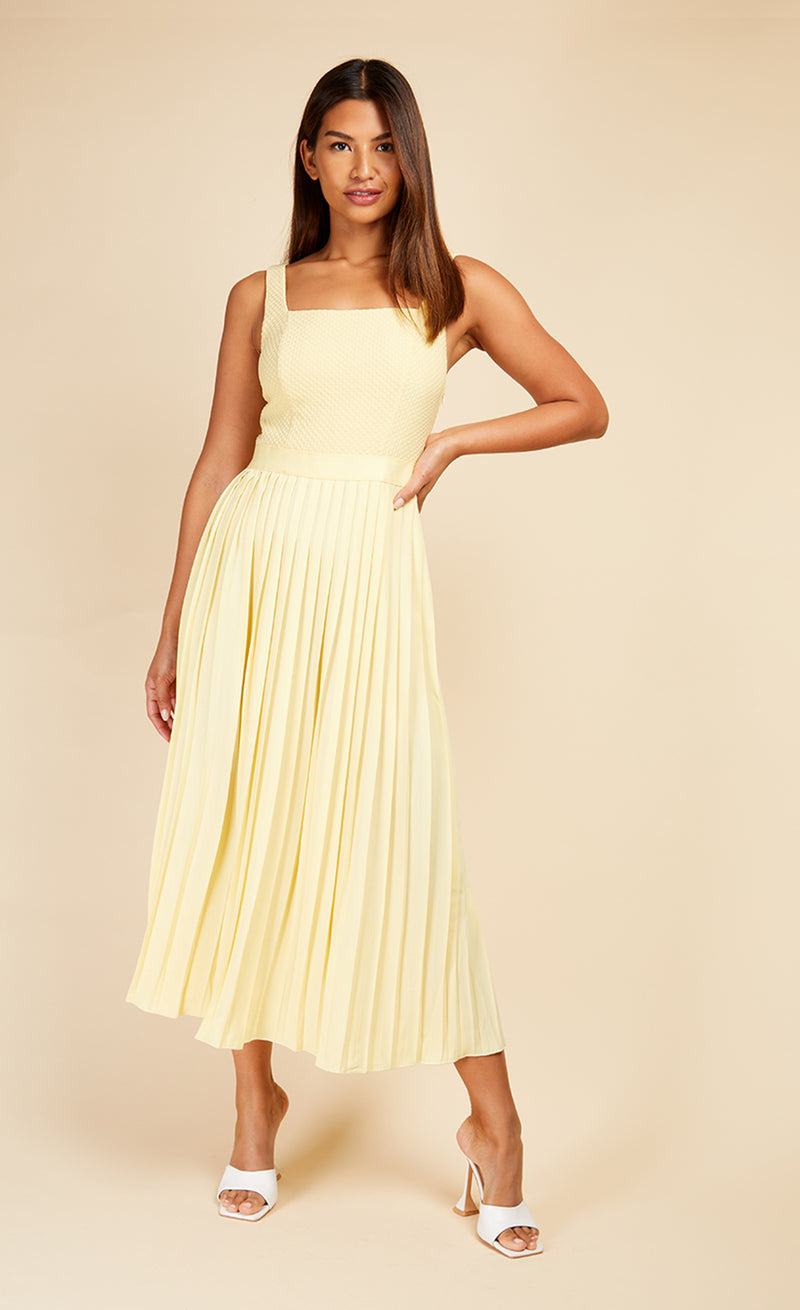 Butter Yellow Waffle Texture Pleated Midaxi Dress