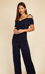 Navy Plisse Cold Shoulder Jumpsuit