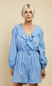 Blue Dobby Spot Mock Wrap PlaysuitOne-PiecesPlaysuitLittle Mistress