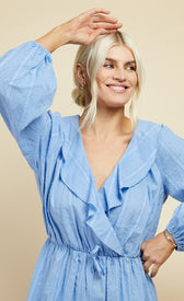 Blue Dobby Spot Mock Wrap PlaysuitOne-PiecesPlaysuitLittle Mistress
