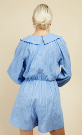Blue Dobby Spot Mock Wrap PlaysuitOne-PiecesPlaysuitLittle Mistress