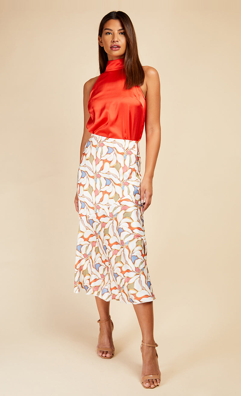 Leaf Print Diagonal Seam Midi Skirt