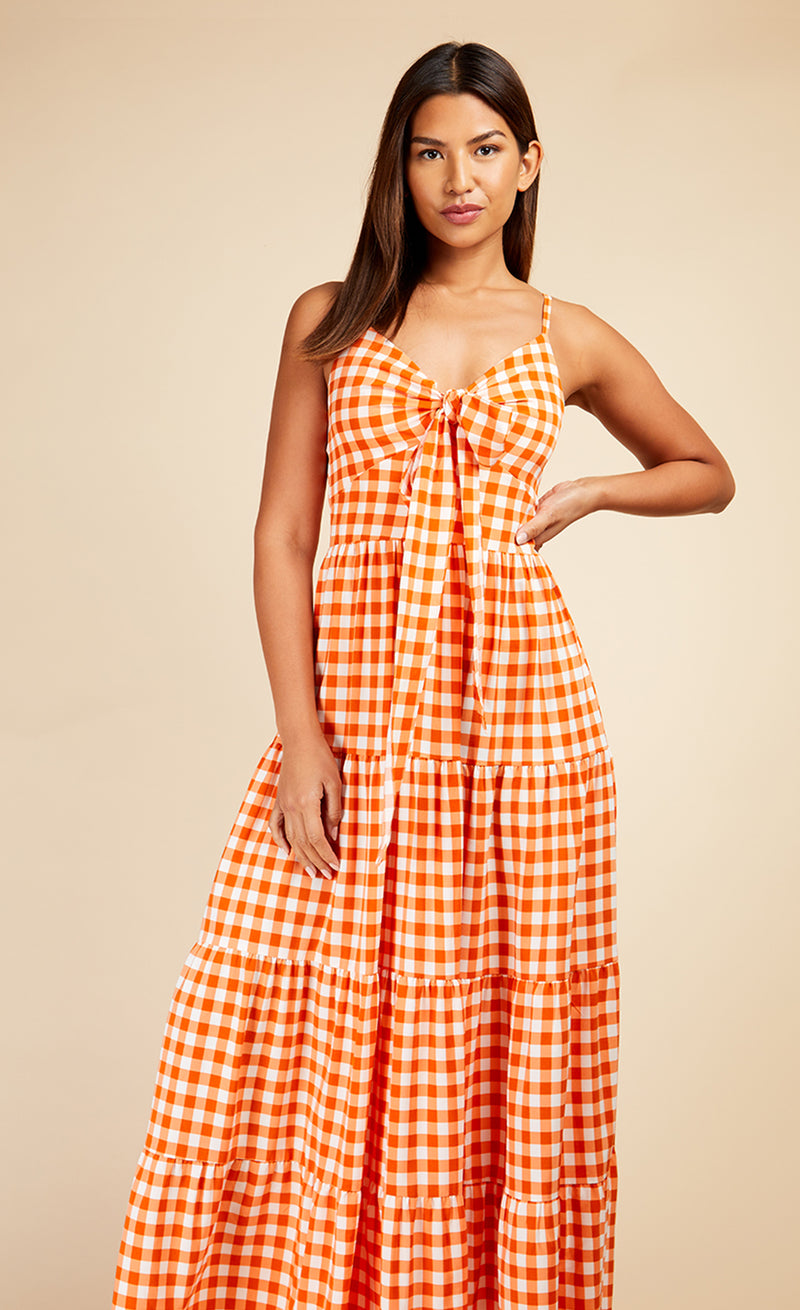 Orange Gingham Tie Front Maxi Dress