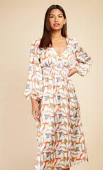 Leaf Print Blouson Sleeve Midaxi Dress