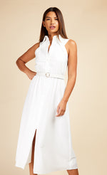 White Textured Belted Midaxi Shirt Dress