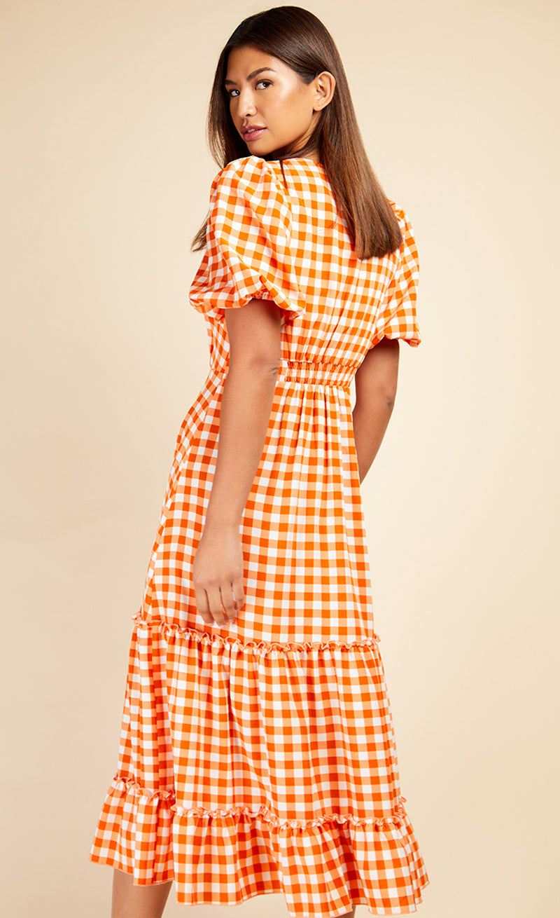 Orange Gingham Tiered Midaxi Dress