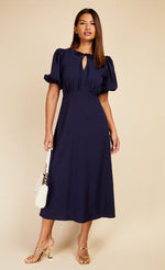 Navy Textured Puff Sleeve Midaxi Dress