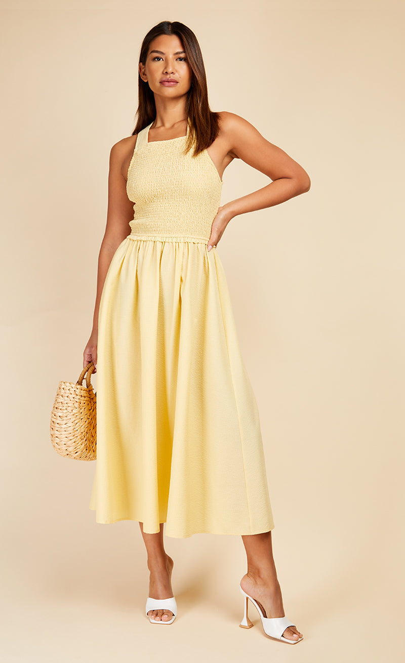 Butter Yellow Tie Back Shirred Midaxi Dress