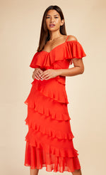 Tomato Red Frill Cold Shoulder Midaxi Dress