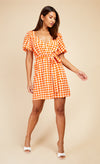 Orange Gingham Puff Sleeve Mini Wrap Dress
