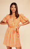 Orange Gingham Puff Sleeve Mini Wrap Dress