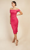 Hoxton Pink Bardot Ruched Bodycon Midi Dress