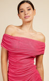 Hoxton Pink Bardot Ruched Bodycon Midi Dress