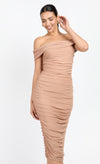 Mink Mesh Ruched Bardot Midi Dress by Chloe Lewis