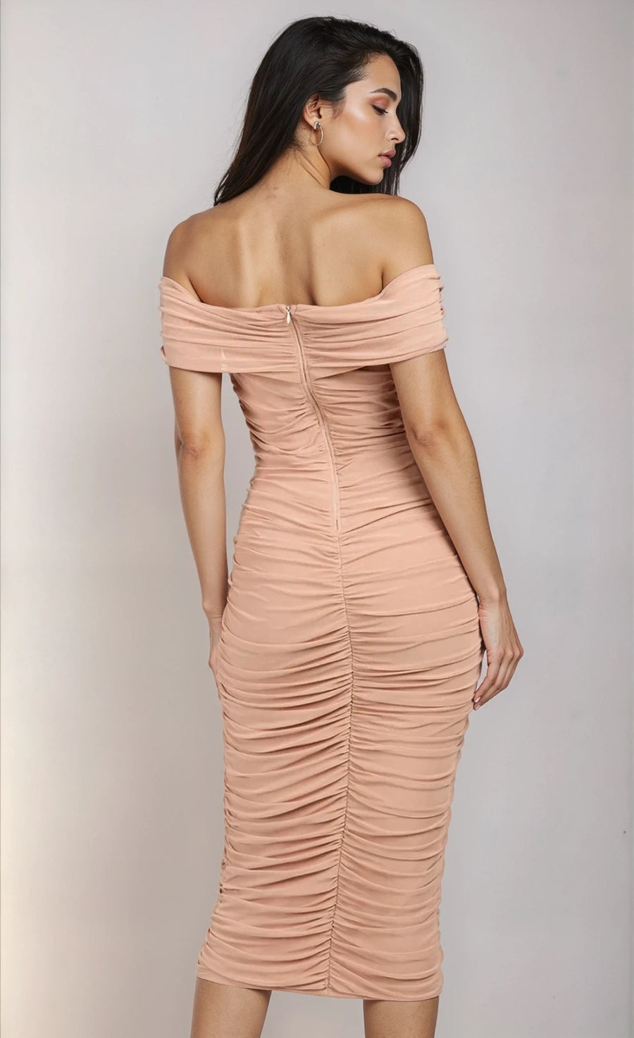 Mink Mesh Ruched Bardot Midi Dress by Chloe Lewis
