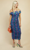 Blue Floral Print Ruched Bardot Midi Dress