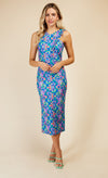 Blue Floral Print Crossover Neckline Midi Dress