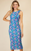 Blue Floral Print Crossover Neckline Midi Dress