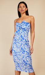 Blue Floral Print Bow Detail Bandeau Midi Dress