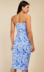 Blue Floral Print Bow Detail Bandeau Midi Dress