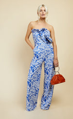 Blue Floral Print Frill Detail Jumpsuit