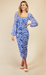 Blue Floral Print Ruched Midi Bodycon Dress