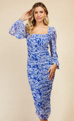 Blue Floral Print Ruched Midi Bodycon Dress