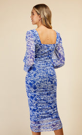 Blue Floral Print Ruched Midi Bodycon DressDressesDressesLittle Mistress